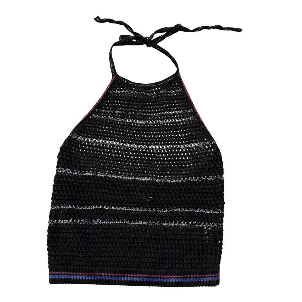 Free People Crochet Halter Top Womens XS Striped Linen Blend Boho Festival Y2K - Picture 3 of 9